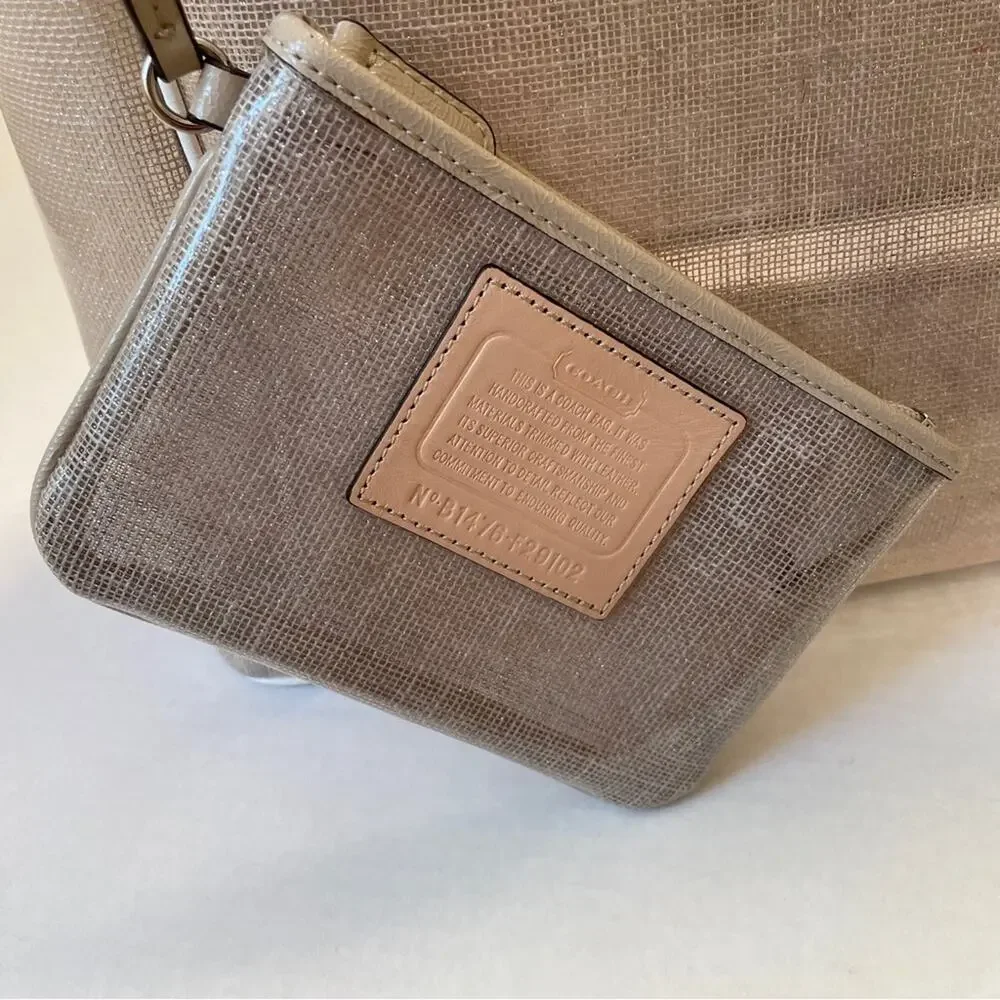 Coach Translucent Vinyl Burlap And White Leather Tote With Coin Purse